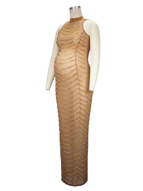 fotobeyou Gold Rhinestone Mesh Sleeveless Backless Photoshoot Bodycon Evening Plus Size Maternity Maxi Dress