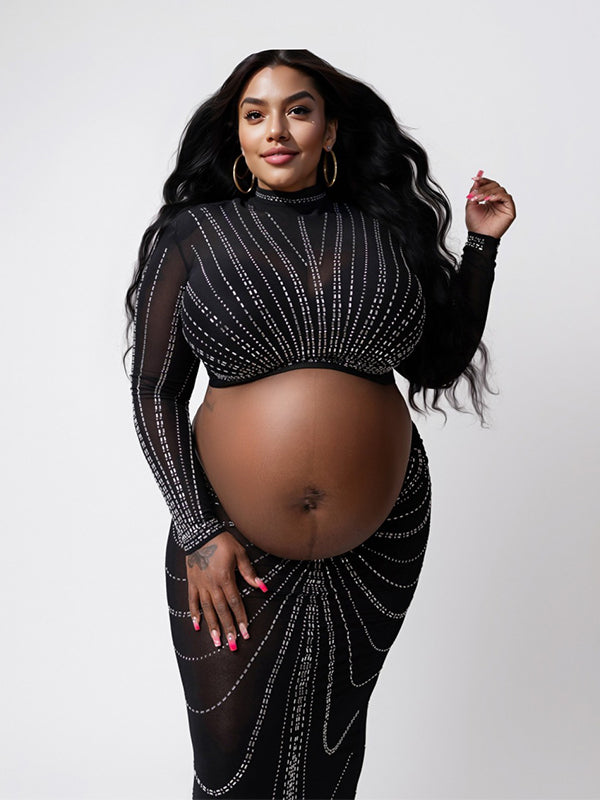 fotobeyou Black Mesh Rhinestone High Neck Crop 2-in-1 Midriff Bodycon Long Sleeve Photoshoot Evening Plus Size Maternity Maxi Dress