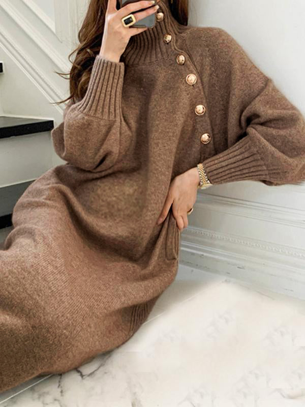 fotobeyou Knitted Buttons High Neck Long Sleeve Sweater Maternity Midi Dress
