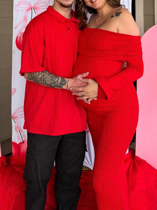 Fotobeyou Red Off Shoulder Open Back Bodycon Maternity Baby Shower Maxi Dress