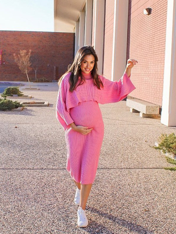 fotobeyou Solid Color Knitting 2-in-1 Bodycon Baby Shower Maternity Sweater Midi Dress