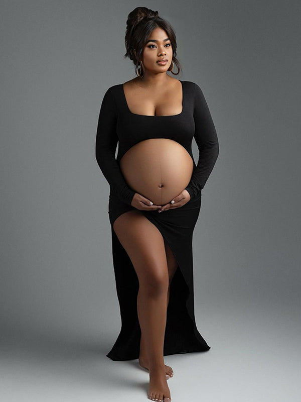 fotobeyou Black Ruffle Cut Out Crop Side Slit Irregular Bodycon Photoshoot Maternity Maxi Dress