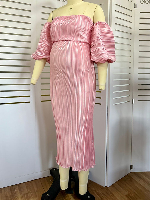 fotobeyou Pink Off Shoulder Bandeau Ribbed  Pleated Bodycon Puff Sleeve Evening Gown Baby Shower Maternity Maxi Dress