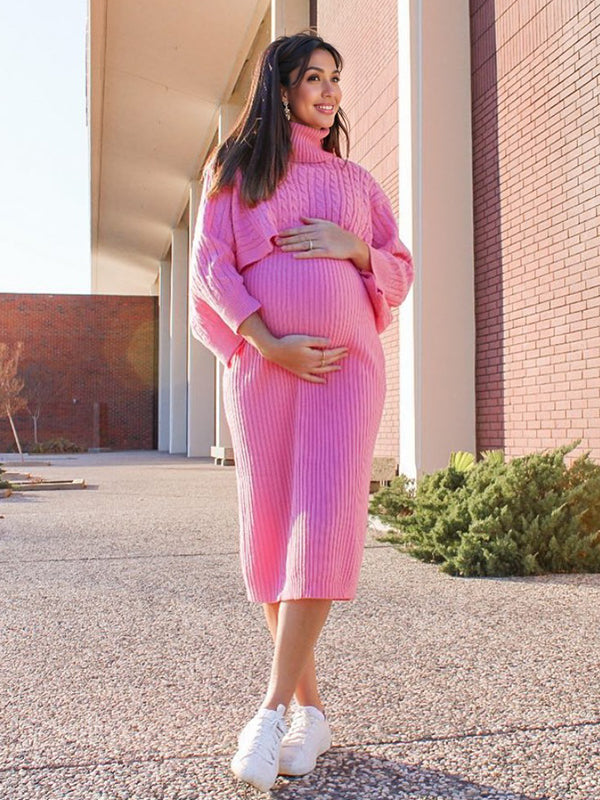 fotobeyou Solid Color Knitting 2-in-1 Bodycon Baby Shower Maternity Sweater Midi Dress