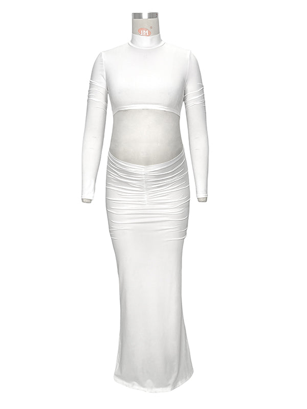 fotobeyou Solid Color Ruffle High Neck Crop Top 2-in-1 Long Sleeve Bodycon Club Party Photoshoot Maternity Maxi Dress