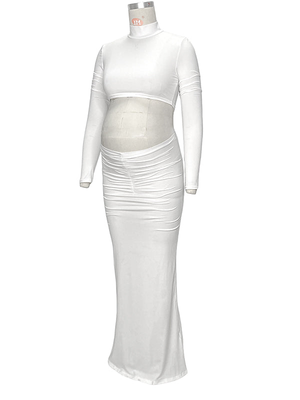 fotobeyou Solid Color Ruffle High Neck Crop Top 2-in-1 Long Sleeve Bodycon Club Party Photoshoot Maternity Maxi Dress