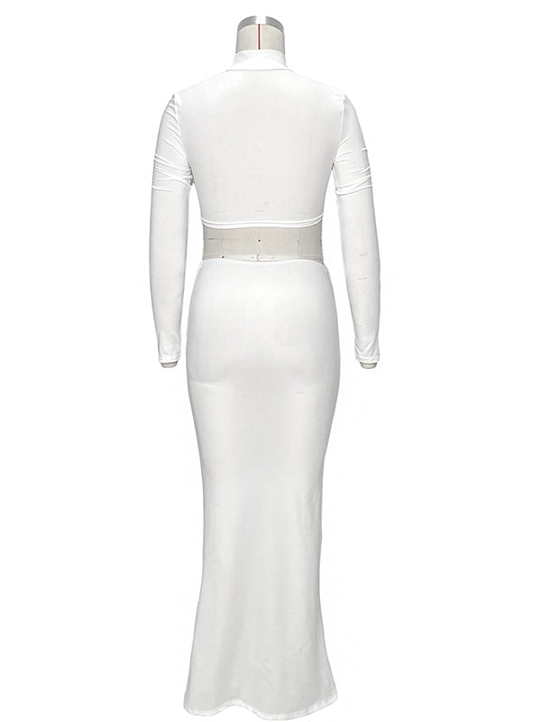fotobeyou Solid Color Ruffle High Neck Crop Top 2-in-1 Long Sleeve Bodycon Club Party Photoshoot Maternity Maxi Dress