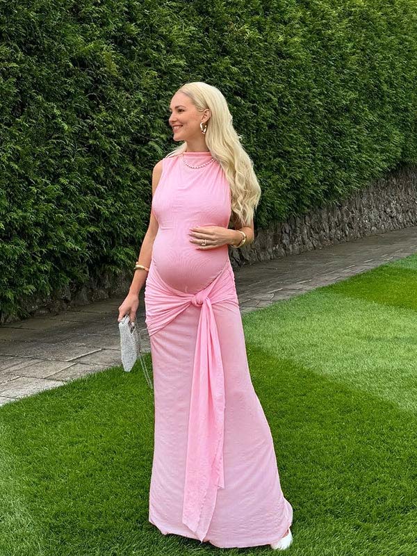 fotobeyou Pink Lace-up Pennant Grenadine Banquet Party Baby Shower Maternity Photoshoot Maxi Dress