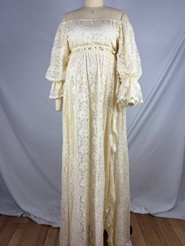 fotobeyou Boho Lace Off Shoulder Lace Tassel Crop 2-in-1 Side Slit Ruffle Photoshoot Maternity Maxi Dress