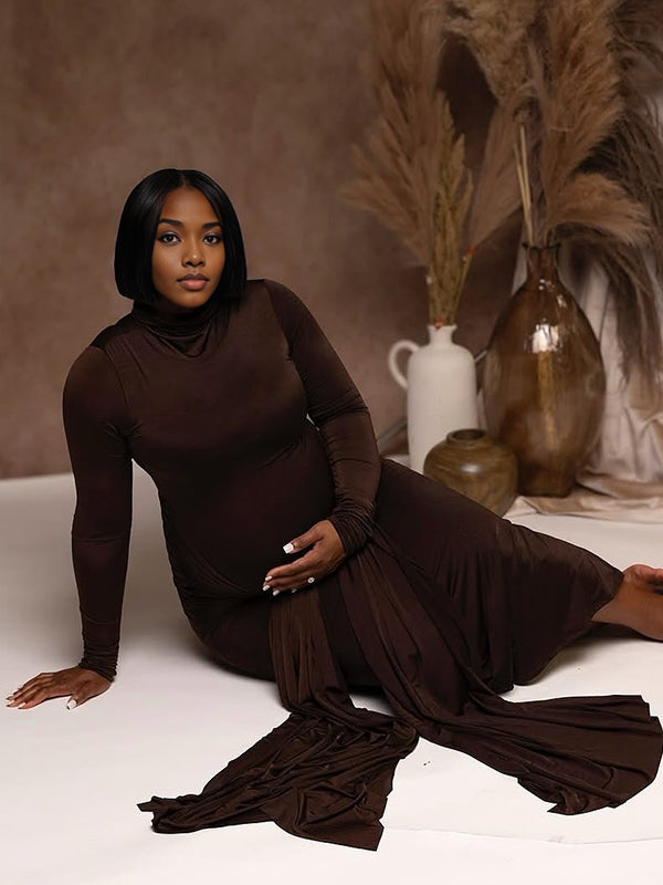 fotobeyou Belt Splicing Ruched Draped Bodycon Mermaid Photoshoot Maternity Maxi Dress