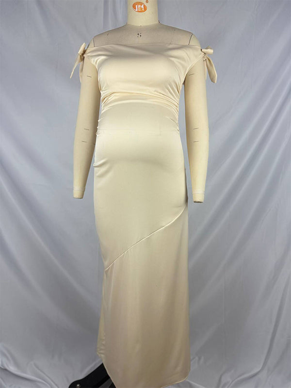 fotobeyou Off Shoulder Ruched Bow Elegant Maternity Baby Shower Maxi Dress