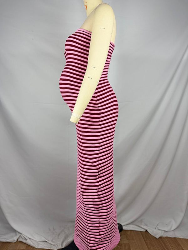 fotobeyou Striped Knitted Bandeau Strapless Bodycon Elegant Maternity Baby Shower Maxi Dress
