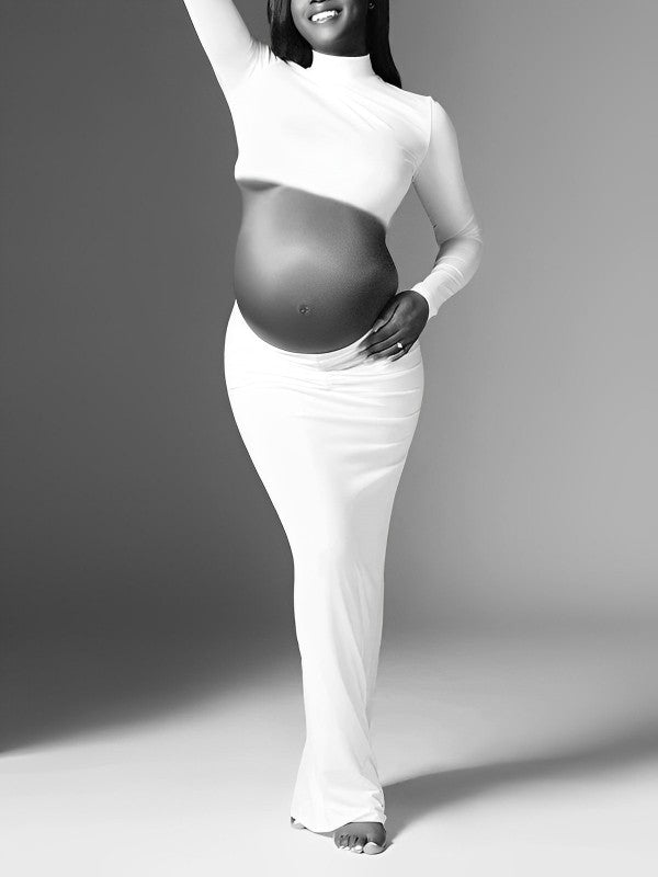 fotobeyou Solid Color Ruffle High Neck Crop Top 2-in-1 Long Sleeve Bodycon Club Party Photoshoot Maternity Maxi Dress
