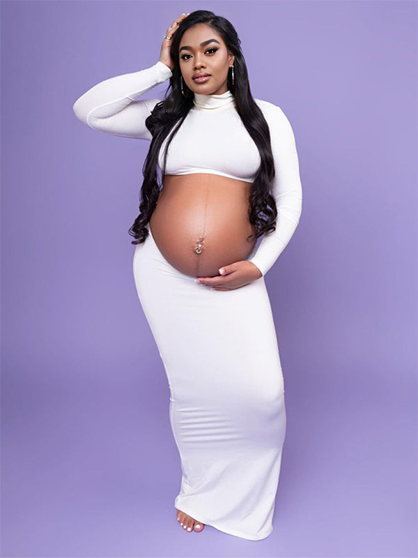 fotobeyou Solid Color Ruffle High Neck Crop Top 2-in-1 Long Sleeve Bodycon Club Party Photoshoot Maternity Maxi Dress