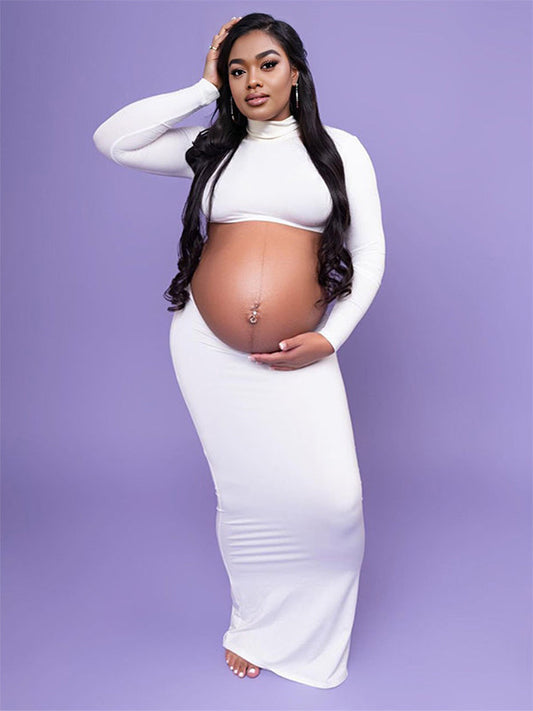 fotobeyou Solid Color Ruffle High Neck Crop Top 2-in-1 Long Sleeve Bodycon Club Party Photoshoot Maternity Maxi Dress