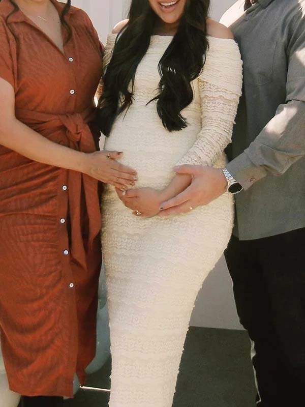 fotobeyou Beige Lace Off Shoulder Ruffle Falbala Bodycon Elegant Maternity Baby Shower Maxi Dress