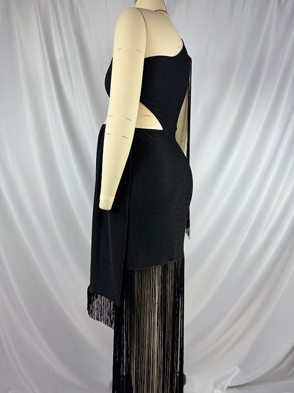 Black Tassel One Shoulder Cut Out Maternity Party Maxi Dress