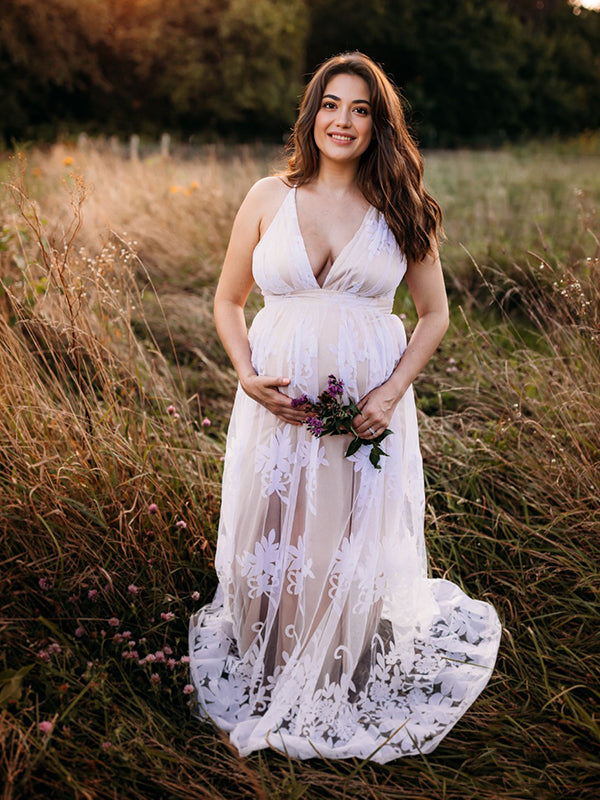 fotobeyou White Lace Boho Maxi Maternity Photoshoot Dress Specially Designed for Outdoor and Beach Maternity Photography Gowns