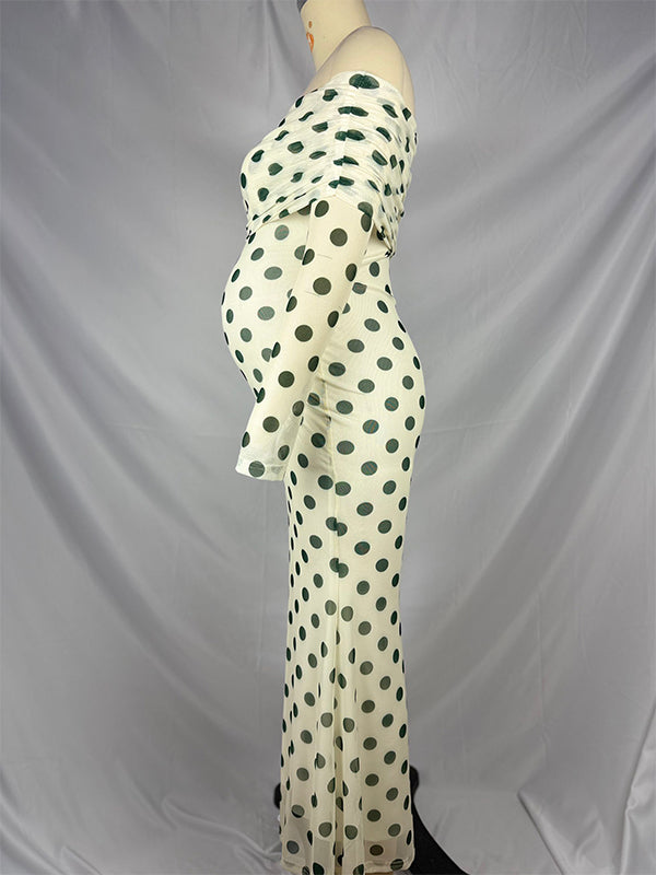 fotobeyou White Off Shoulder Olive Green Polka Dot Bodycon Boho Photoshoot Baby Shower Maternity Maxi Dress