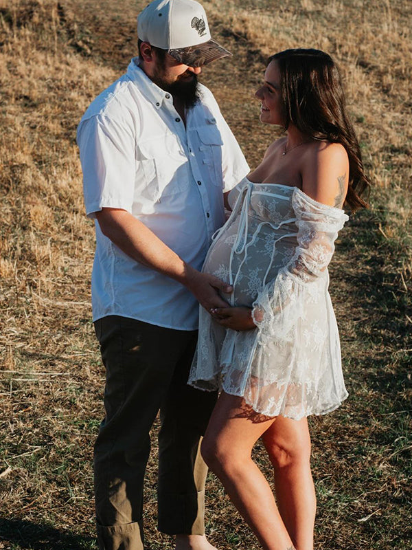 fotobeyou White Lace Off Shoulder Bow Drawstring Ruffle Flare Sleeve Elegant Gender Reveal Maternity Mini Dress