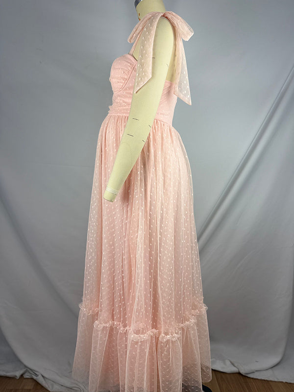 fotobeyou Light Pink Polka Dot Bow Ruffle Falbala Tie-Shoulder A-line Tulle Princess Dress Maxi Dress