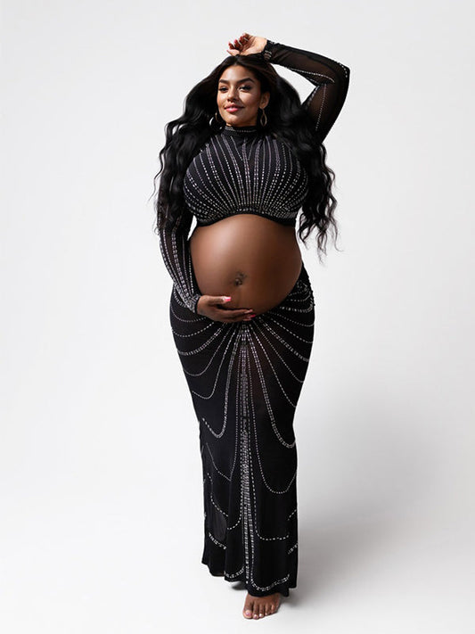 fotobeyou Black Mesh Rhinestone High Neck Crop 2-in-1 Midriff Bodycon Long Sleeve Photoshoot Evening Plus Size Maternity Maxi Dress