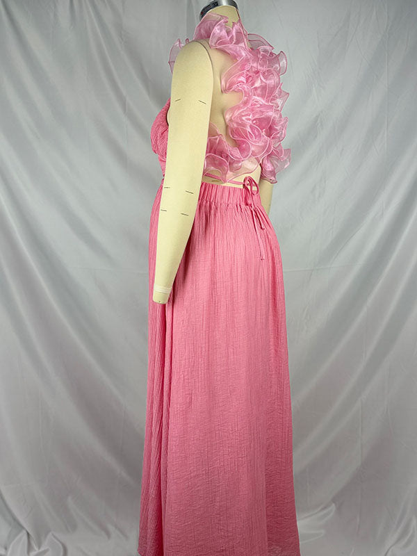fotobeyou Pink Tulle Splicing Ruffle Pleated Tie Back V-Neck High Waist Cocktail Party Gowns Cute Baby Shower Maternity Maxi Dress
