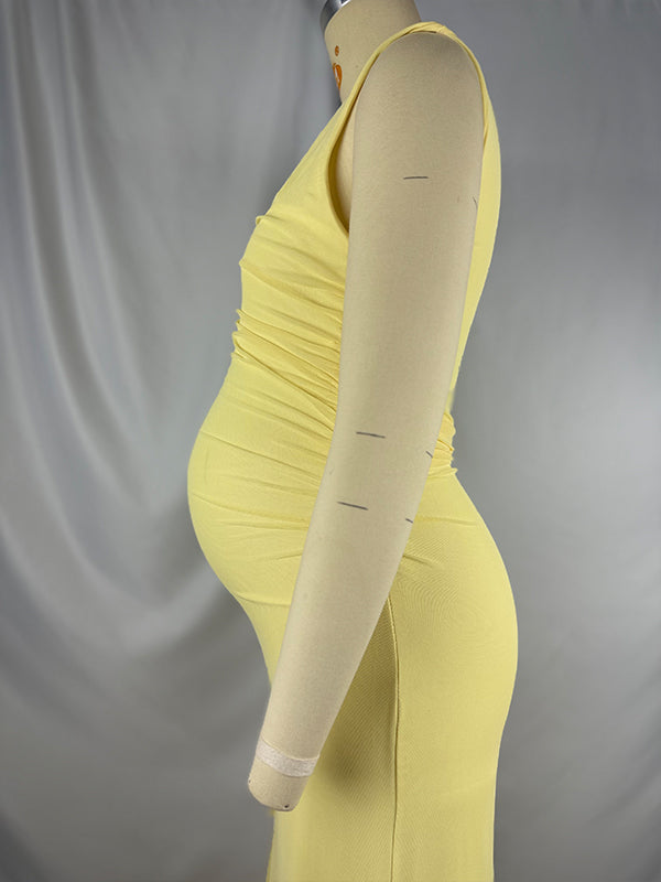 fotobeyou Yellow Mesh Ruffle One Shoulder Side Slit Maternity Maxi Dress