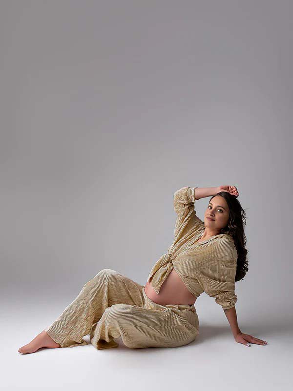 fotobeyou Khaki Buttons Pleat Bell Bottom Jeans Daily Two Piece Going out Maternity Photoshoot Homewear