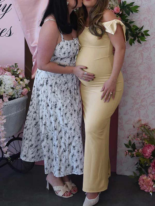 fotobeyou Off Shoulder Ruched Bow Elegant Maternity Baby Shower Maxi Dress