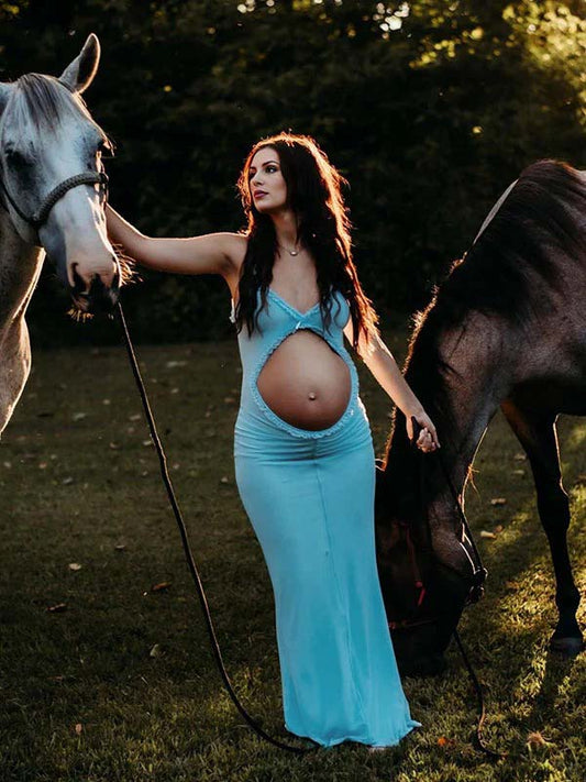 fotobeyou Blue Ruffle Falbala Bow Cut Out Sleeveless Cami Bodycon Maternity Maxi Dress