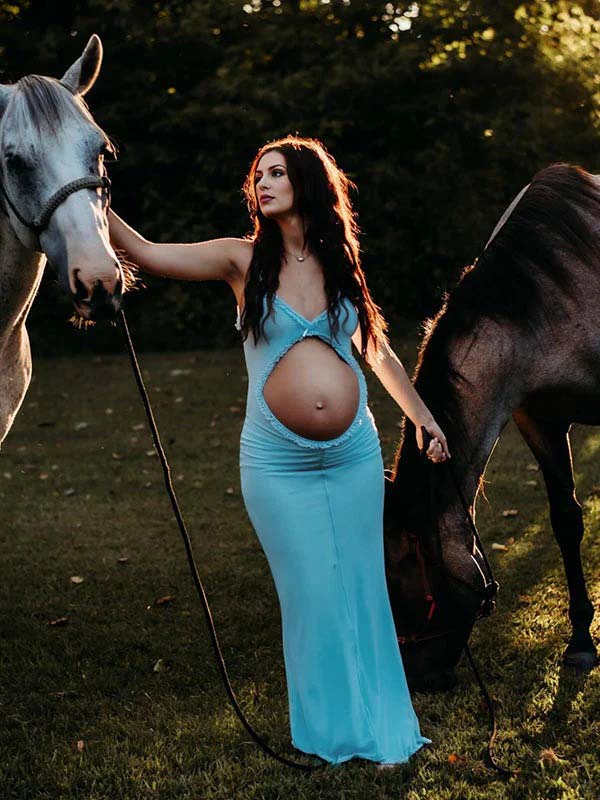 fotobeyou Blue Ruffle Falbala Bow Cut Out Sleeveless Cami Bodycon Maternity Maxi Dress