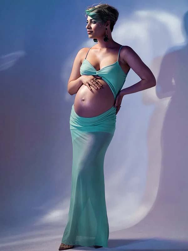 Blue Mesh Cut Out Crop Side Slit Cami Sheer Maternity Maxi Dress