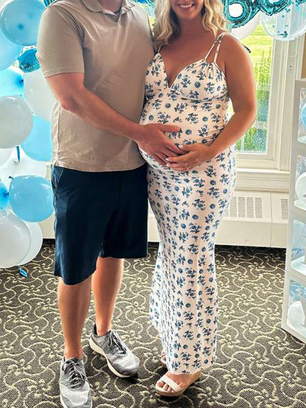 fotobeyou Floral Multi Way Lace-up Ruched Sling Bodycon Cami Chic Going Out Party Boho Maternity Photoshoot Baby Shower Maxi Dress