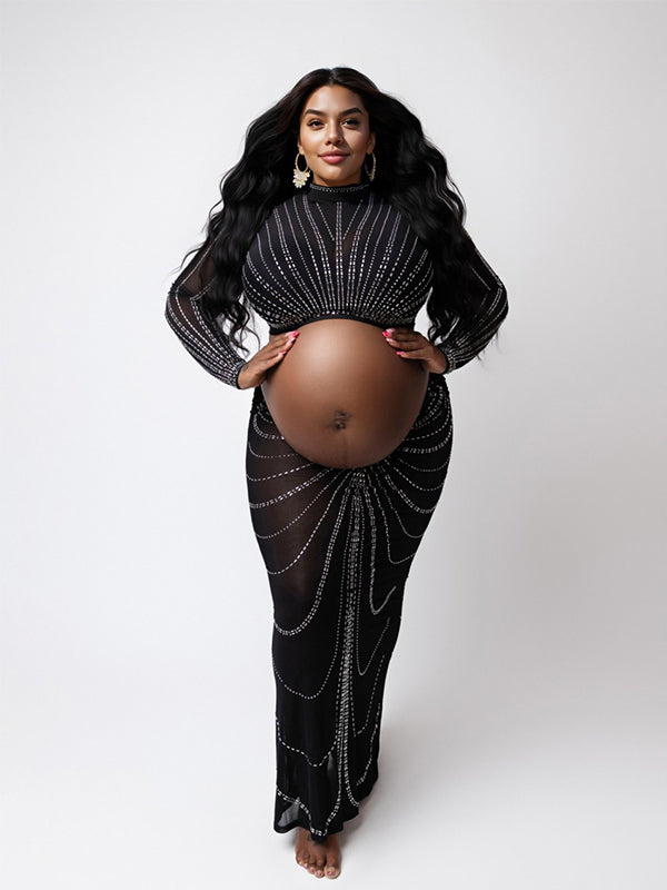fotobeyou Black Mesh Rhinestone High Neck Crop 2-in-1 Midriff Bodycon Long Sleeve Photoshoot Evening Plus Size Maternity Maxi Dress