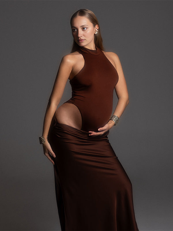 fotobeyou Color Splicing Cut Out Band Neck Bodycon Elegant Party Photoshoot Baby Shower Maternity Maxi Dress