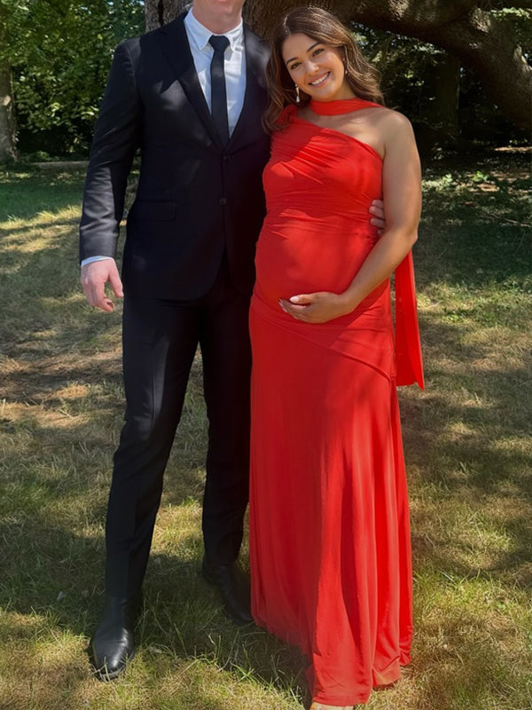 Fotobeyou Oblique Shoulder Ruched Maternity Photoshoot Maxi Dress