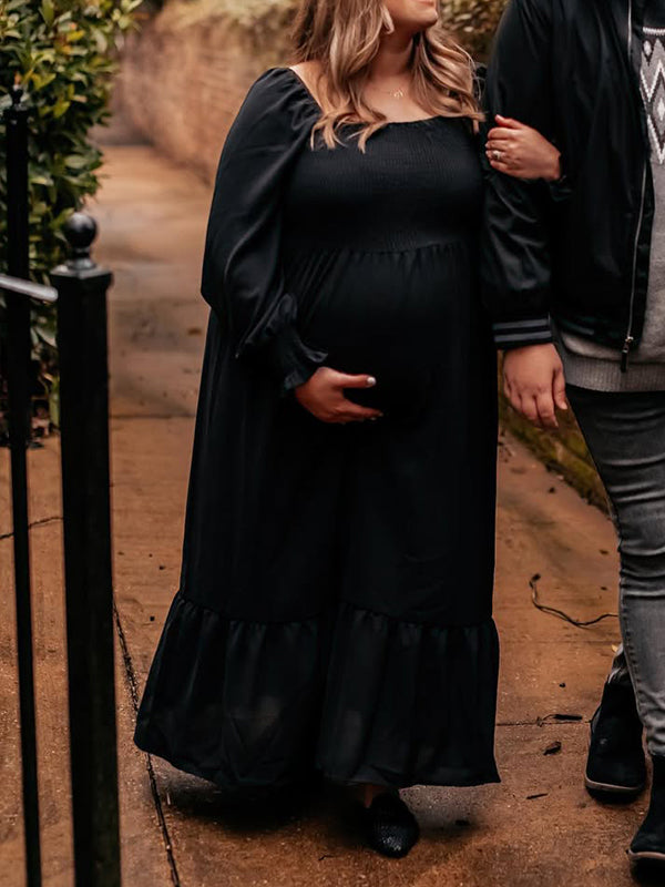Black Smocked Falbala High Waisted Maternity Photoshoot Maxi Dress