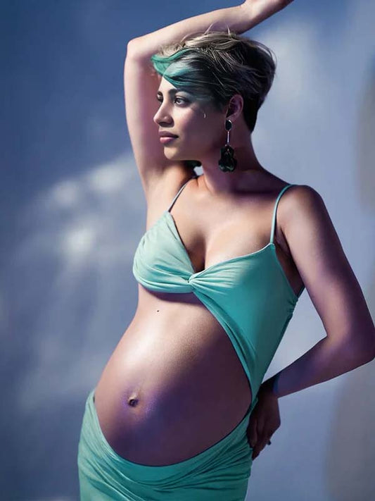 Blue Mesh Cut Out Crop Side Slit Cami Sheer Maternity Maxi Dress