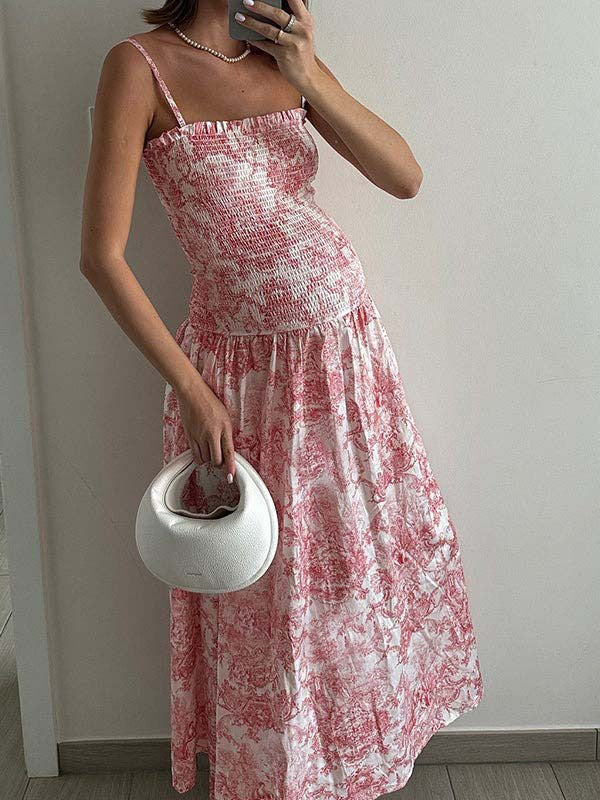 fotobeyou Pink  Printed High Waist Tube Top Smocked  Floral  Maternity Maxi Dress