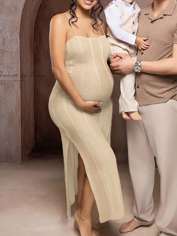 fotobeyou Beige Spaghetti Strap Striped Crochet Maternity Photoshoot Maxi Dress