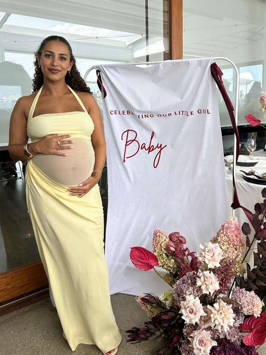 fotobeyou Mesh Patchwork Ruched Cut Out Halter Neck Backless Bodycon Elegant Maternity Baby Shower Party Maxi Dress