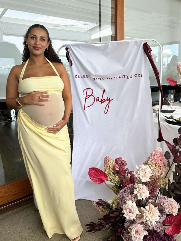 fotobeyou Mesh Patchwork Ruched Cut Out Halter Neck Backless Bodycon Elegant Maternity Baby Shower Party Maxi Dress