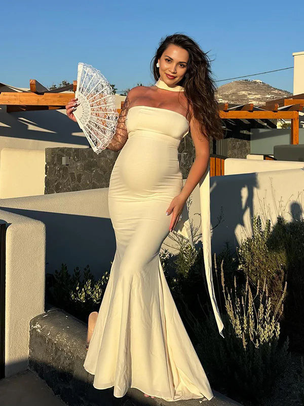 fotobeyou Ivory White Bandeau Strapless Mermaid Dress With Scarf Cocktail Maternity Maxi Dress