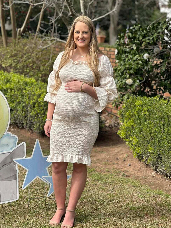 fotobeyou Ruffle Off Shoulder Long Sleeve Bodycon Baby Shower Maternity Midi Dress