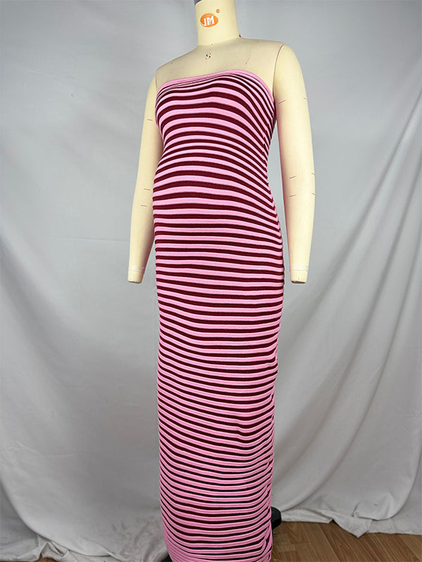 fotobeyou Striped Knitted Bandeau Strapless Bodycon Elegant Maternity Baby Shower Maxi Dress