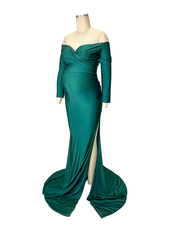 fotobeyou Green Off Shoulder Long Sleeve High Split Bodycon Solid Baby Shower Evening Gown Maternity Maxi Dress