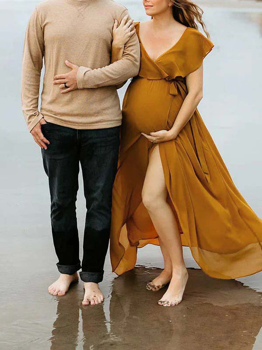 fotobeyou Ginger Yellow Flowy Ruffle Falbala Wrap Side Slit Big Swing Elegant Baby Moon Beach Vacation Gown Boho Maternity Photoshoot Baby Shower Maxi Dress