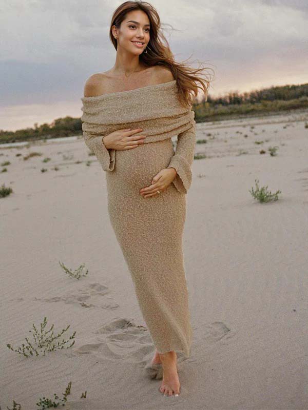 fotobeyou Solid Color Off Shoulder Hollow Out Knitwear Bodycon Beach Vacation Dress Baby Shower Maternity Maxi Dress