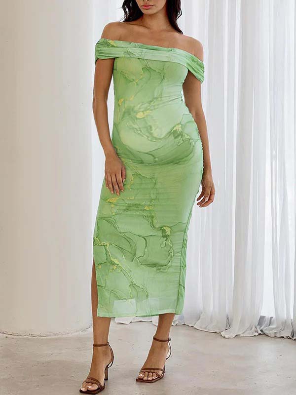 fotobeyou Floral Mesh Off Shoulder Ruched Side Slit Elegant Maternity Baby Shower Maxi Dress